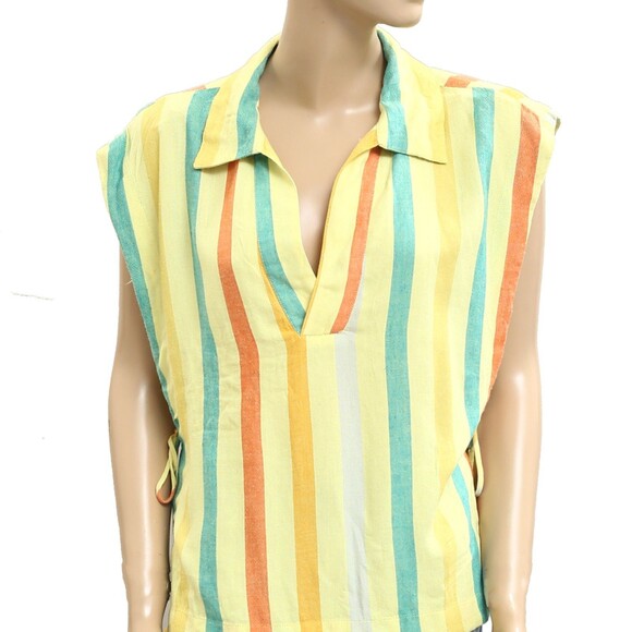 Free People Free-est Vacay Rhythm Blouse Top Wide Stripe Print Capped M 283595 - Picture 3 of 6